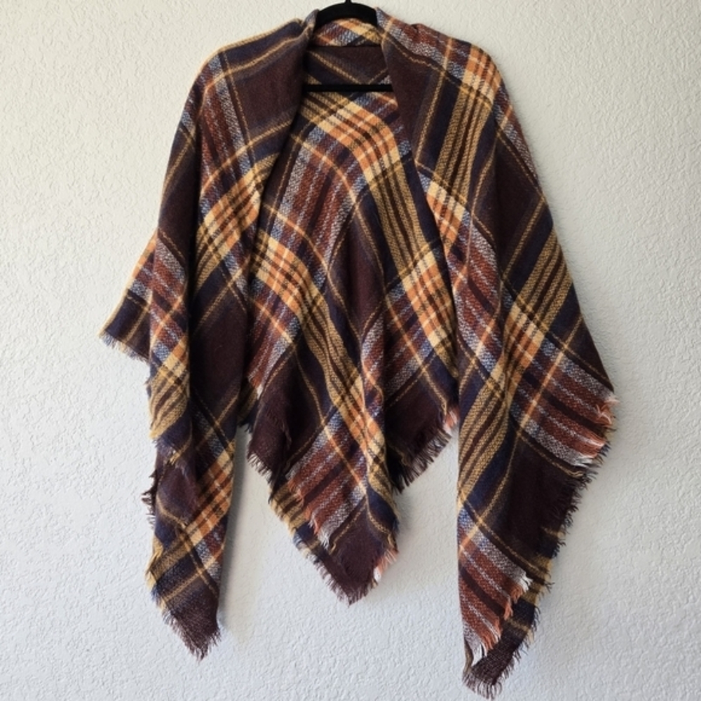 Womens Plaid Wrap Poncho Burgundy Mustard Yellow Fringed Oversized Shawl Scarf